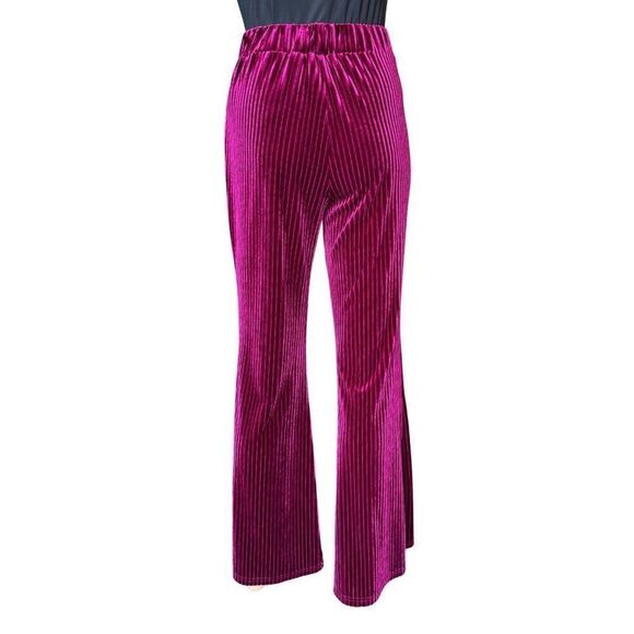 Women’s Maroon Velvet Ribbed High Waisted Flared Stretchy Pants Size Medium - Picture 4 of 6